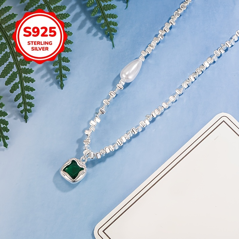 925 Silver Geometric Charm Bracelet with Green Stones